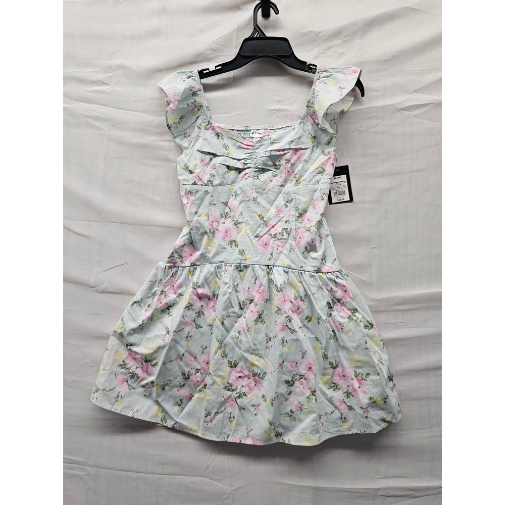 Art Class Girls Floral Flutter Sleeve Dress Green Cotton Casual Size XL (14)